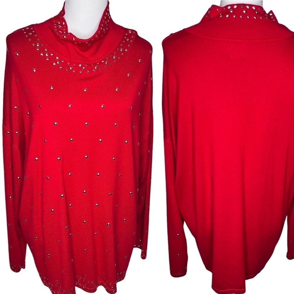 Ruby Rd. Woman Red Silver Embellished Mock Neck Long Sleeve Sweater Plus Size 2X